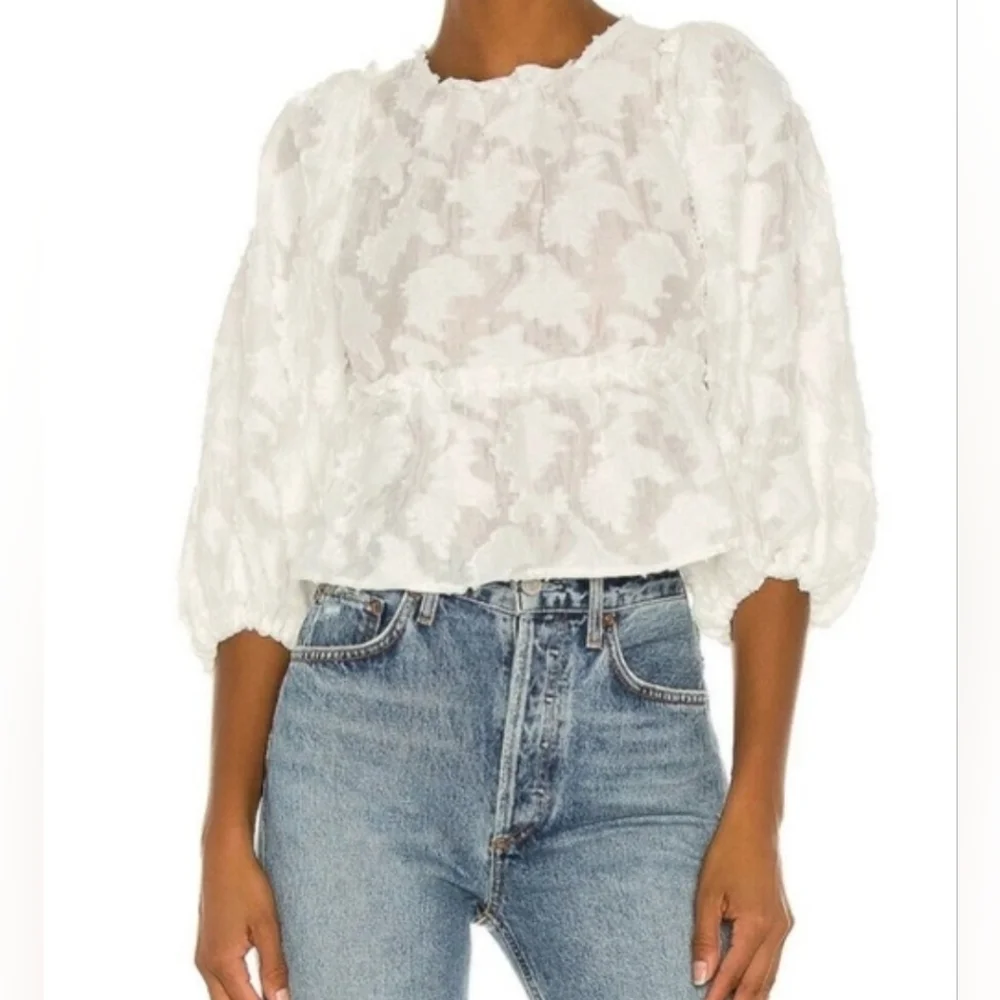 Free People Callie White Floral Aplique Peplum Blouse Tie Back Puff Sleeve.